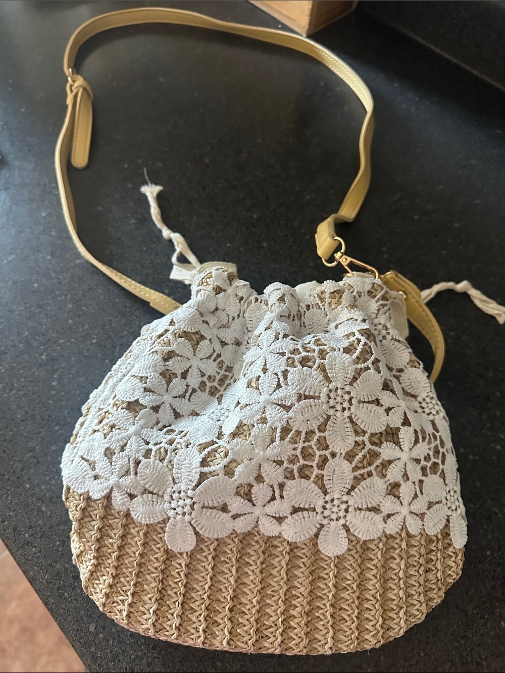 Lace Crochet Drawstring Crossbody Bag - White & Tan
